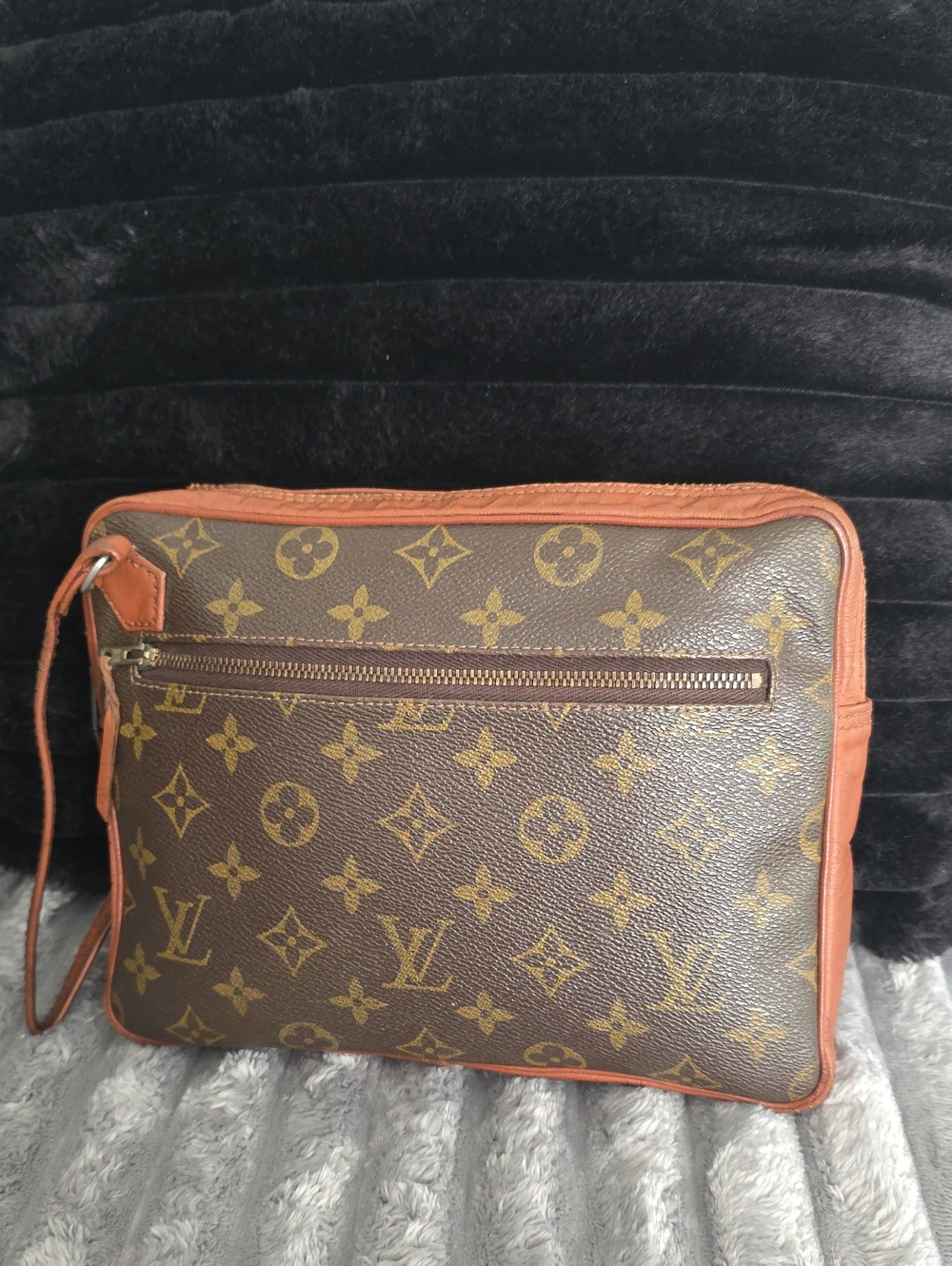 Louis Vuitton Brown Monogram Canvas Men's Clutch Wristlet with Tan Trim